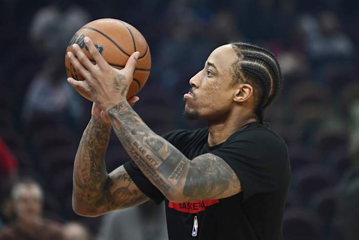 Feb 11, 2023; Cleveland, Ohio, USA; Chicago Bulls forward DeMar DeRozan (11) warms up before the game between the Bulls and the Cleveland Cavaliers at Rocket Mortgage FieldHouse.